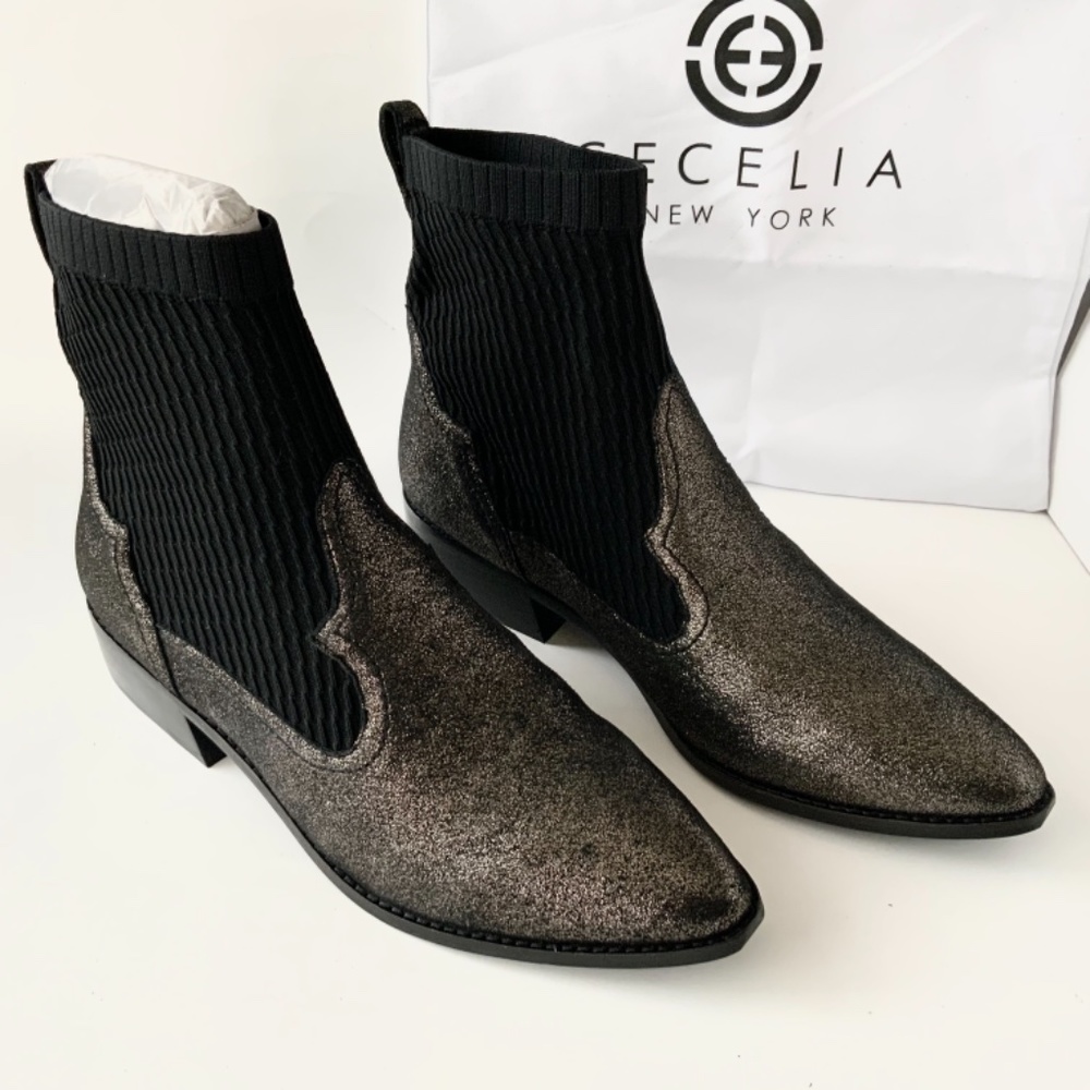 Cecelia New York Tomas Ankle Boot Blacks Pewter Leather Fashion Heel Booties 9.5 - Picture 7 of 10